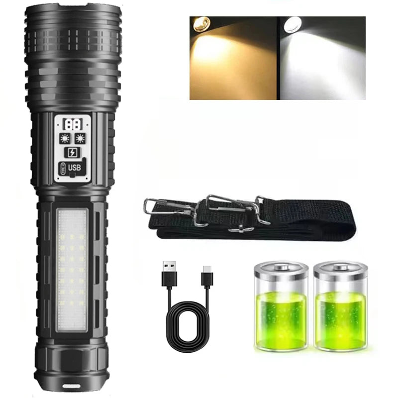 High Power Flashlight Super Big Flashlight Rechargeable Most Strong LED Flash Light Long Range Torch Outdoor Built in Battery