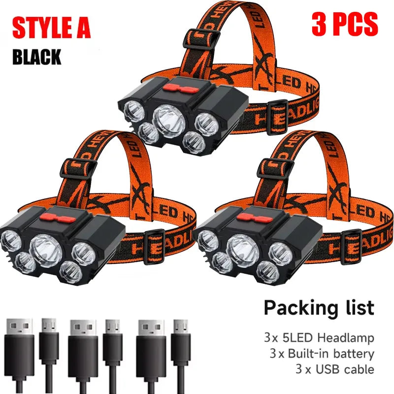 Usb Rechargeable 5 Led Headlamp Super Bright Head-Mounted Strong Flashlight Built-in Battery Outdoor Camping Night Fishing Lamp