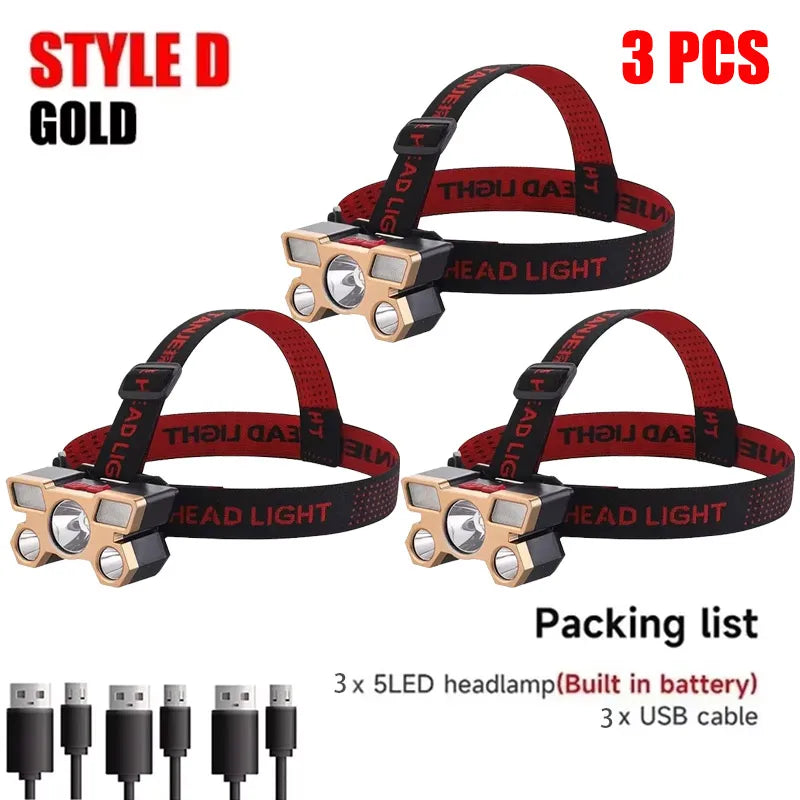 Usb Rechargeable 5 Led Headlamp Super Bright Head-Mounted Strong Flashlight Built-in Battery Outdoor Camping Night Fishing Lamp