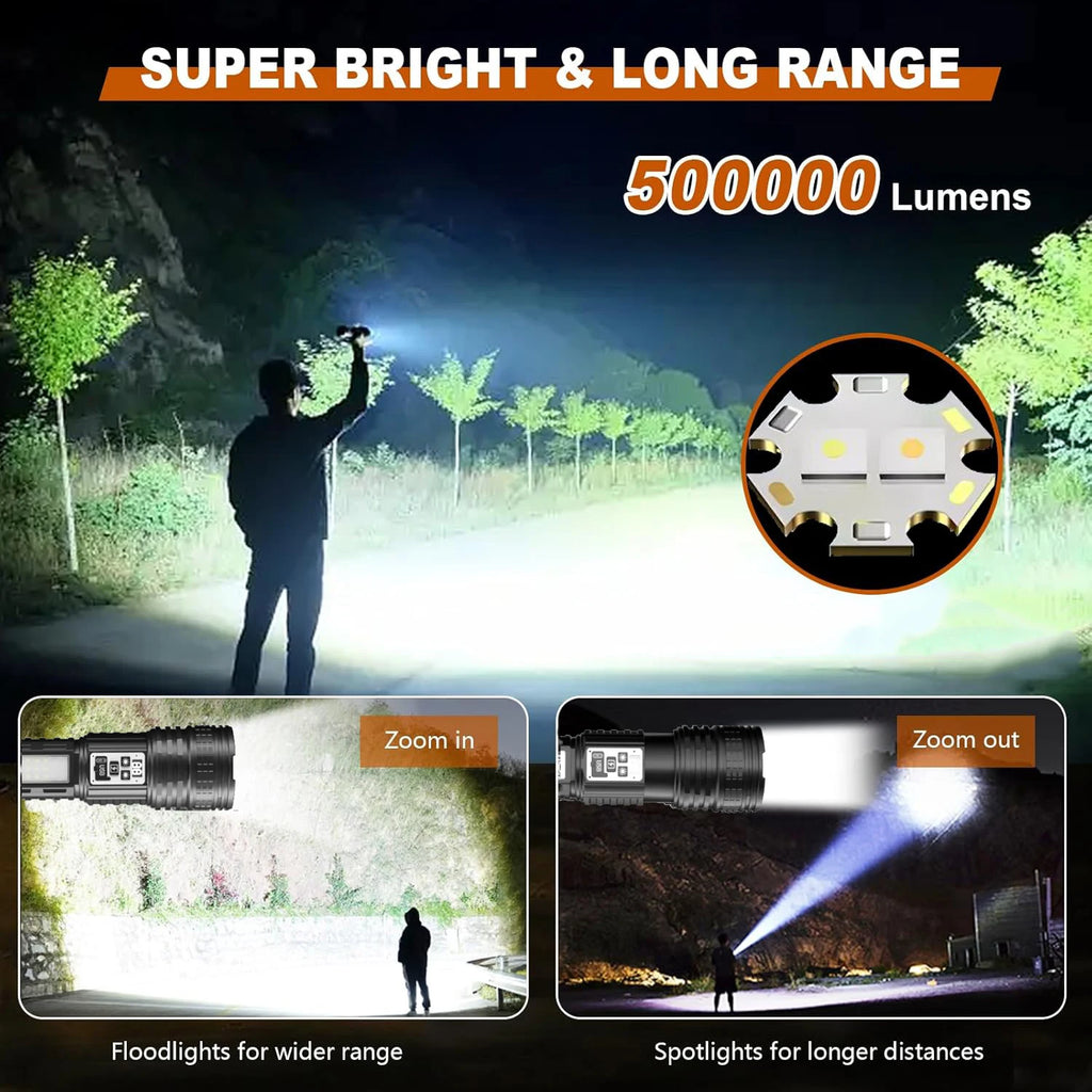 High Power Flashlight Super Big Flashlight Rechargeable Most Strong LED Flash Light Long Range Torch Outdoor Built in Battery