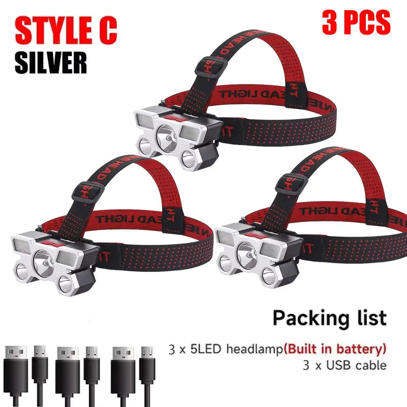 Usb Rechargeable 5 Led Headlamp Super Bright Head-Mounted Strong Flashlight Built-in Battery Outdoor Camping Night Fishing Lamp