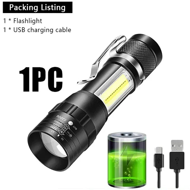 Mini LED Rechargeable Flashlight COB+XPE Zoomable Torch 3 Mode Built-in Battery Flashlight Outdoor Camping Emergency Lantern