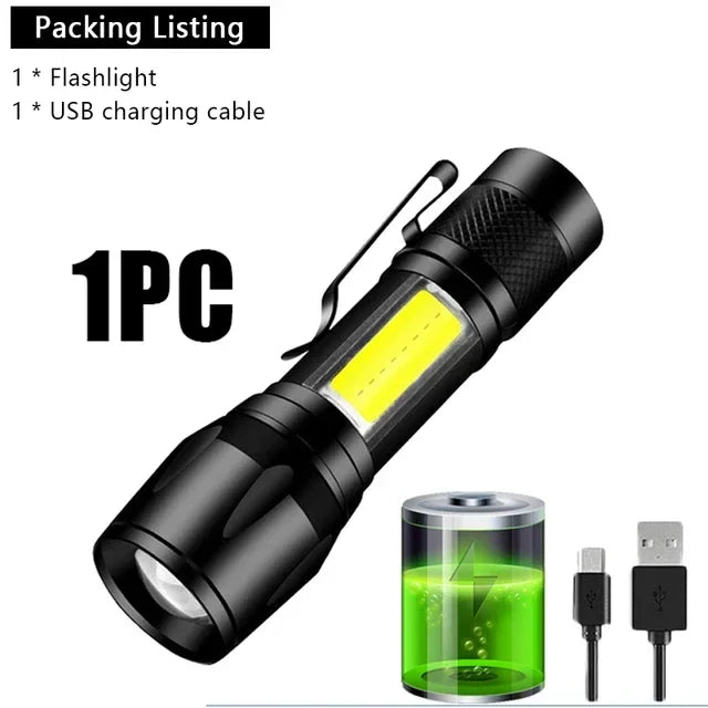 Mini LED Rechargeable Flashlight COB+XPE Zoomable Torch 3 Mode Built-in Battery Flashlight Outdoor Camping Emergency Lantern