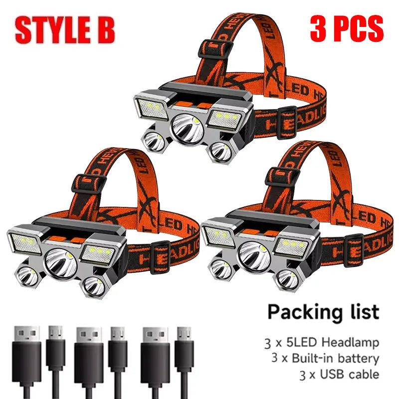 Usb Rechargeable 5 Led Headlamp Super Bright Head-Mounted Strong Flashlight Built-in Battery Outdoor Camping Night Fishing Lamp